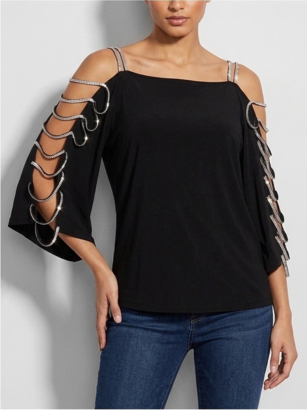 VENUS Black Long Sleeve Cold-Shoulder top with Rhinestone Loop Trim